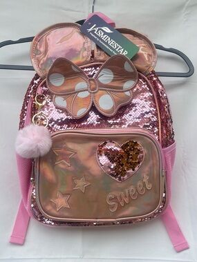 Jasmine Pink Sequin Bow Backpack with Pom Pom Charm